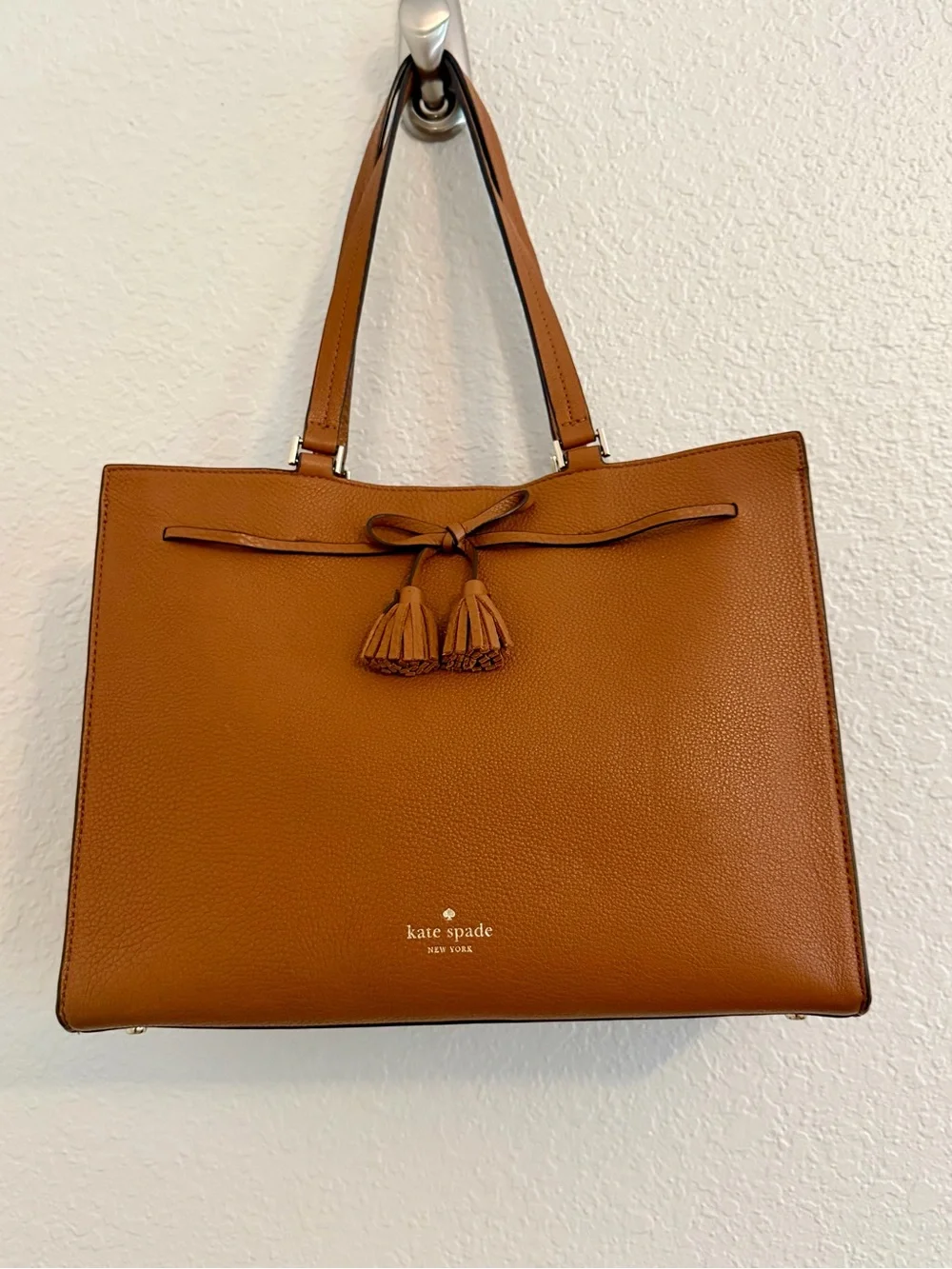 Kate Spade New York Hayes Large Pebbled Leather Tote Cognac Brown Leather Tassel